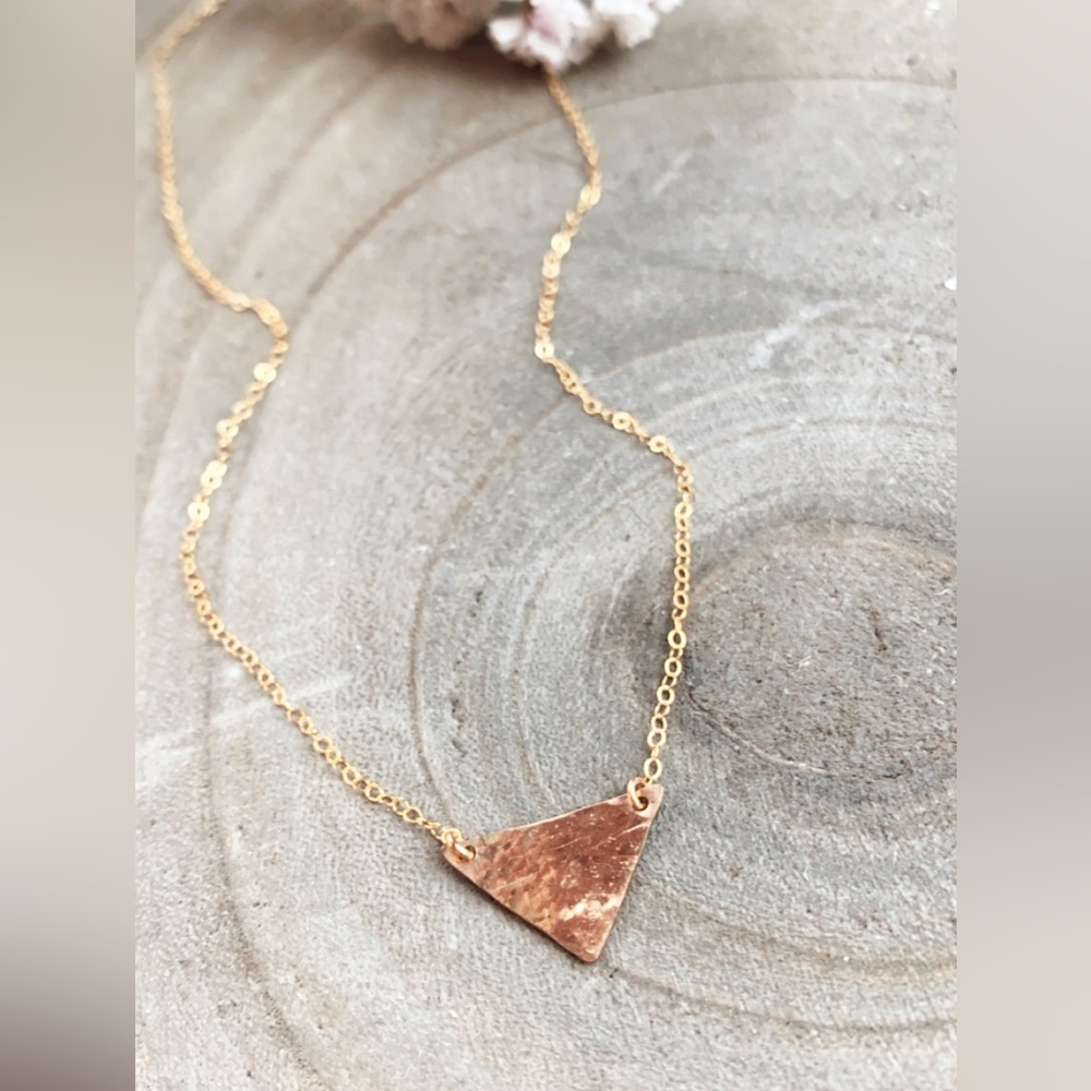 Dainty hammered gold filled triangle necklace